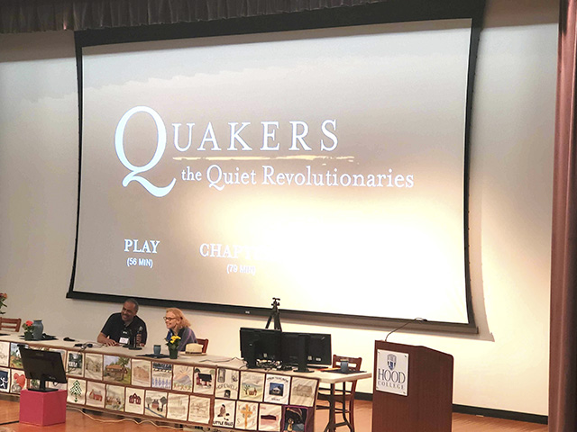 Dick Nurse and Janet Gardner screening QUAKERS at the Baltimore Yearly Meeting, August 2022